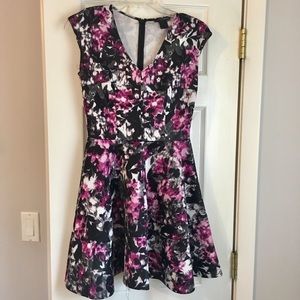 NWOT Aqua Pink/ Black Floral Patterned Flare Dress